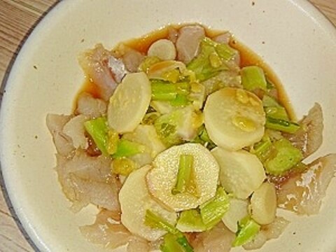 野沢菜のかぶとセイゴの刺身のわさびポン酢和え